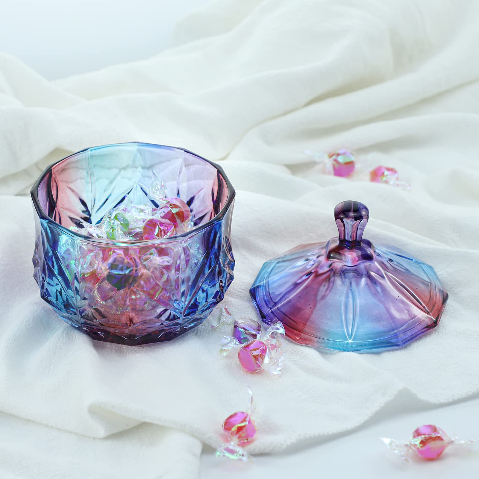 Royal Embossed Clear Glass Apothecary Jar with Lid - 7oz Decorative Candy, Jewelry & Food Storage Container for Weddings, Buffets & Home Decor (Leaves & Purple Design) - Perfect for Candy Displays, Bathroom Organizers & Kitchen Pantry Storage