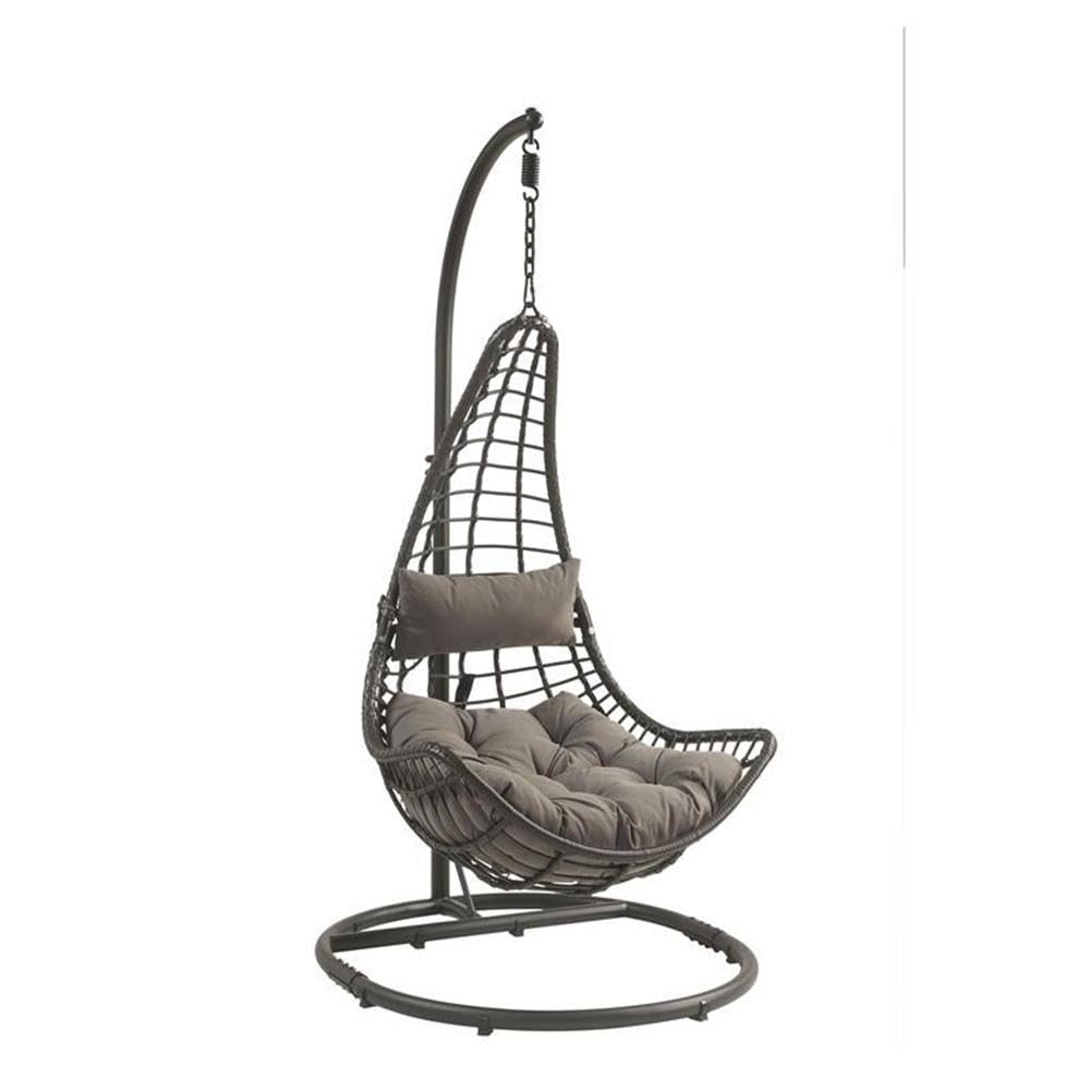 ACME Uzae Gray & Charcoal Wicker Hanging Chair with Metal Stand - Perfect for Outdoor Patio, Garden, and Backyard Relaxation