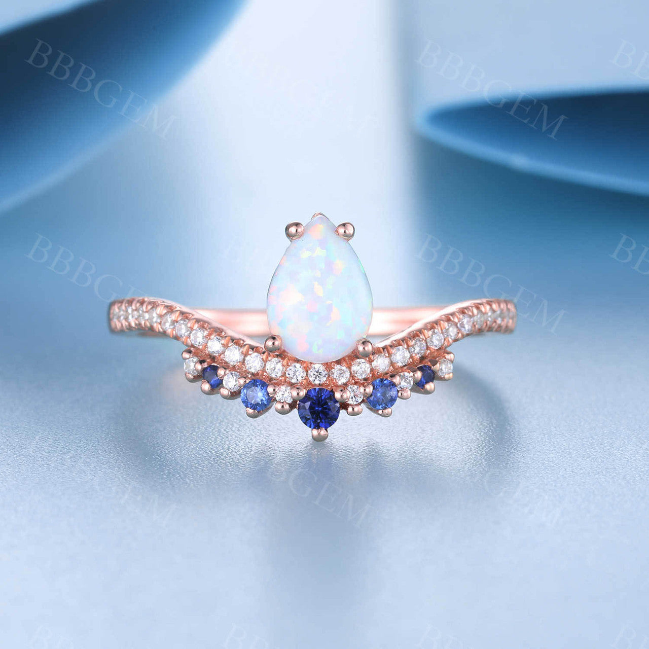 Vintage 14K Rose Gold Pear Cut White Fire Opal & Blue Sapphire Engagement Ring for Women - Elegant Wedding, Anniversary & Promise Jewelry Gift
