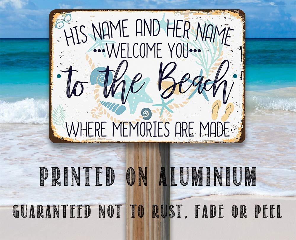 Personalized Beach Welcome Metal Sign - Rustic Wall Art for Home Decor Indoor & Outdoor - Perfect for Bedroom, Pool Area & Beach House - Coastal Themed Gift Idea