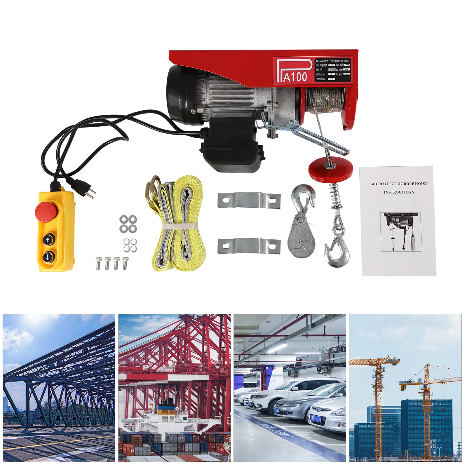 220LBS Electric Hoist Winch with Remote Control - Heavy Duty Steel Lift for Warehouses, Construction & Mining - Double Slings for Secure Lifting - Perfect for Factories, Garages & DIY Projects