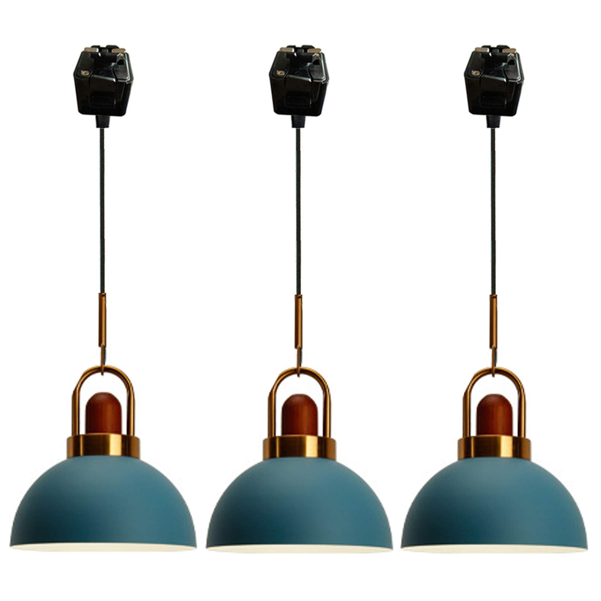 Vintage Iron Semicircle Pendant Light - J-Type Track Mount with 3.2ft Cord - Macaron Blue Finish - E26 Socket Brass Handle - 3-Light Kitchen Island Lighting Set - Customizable Hanging Lamps for Dining Room, Bar & Farmhouse Decor
