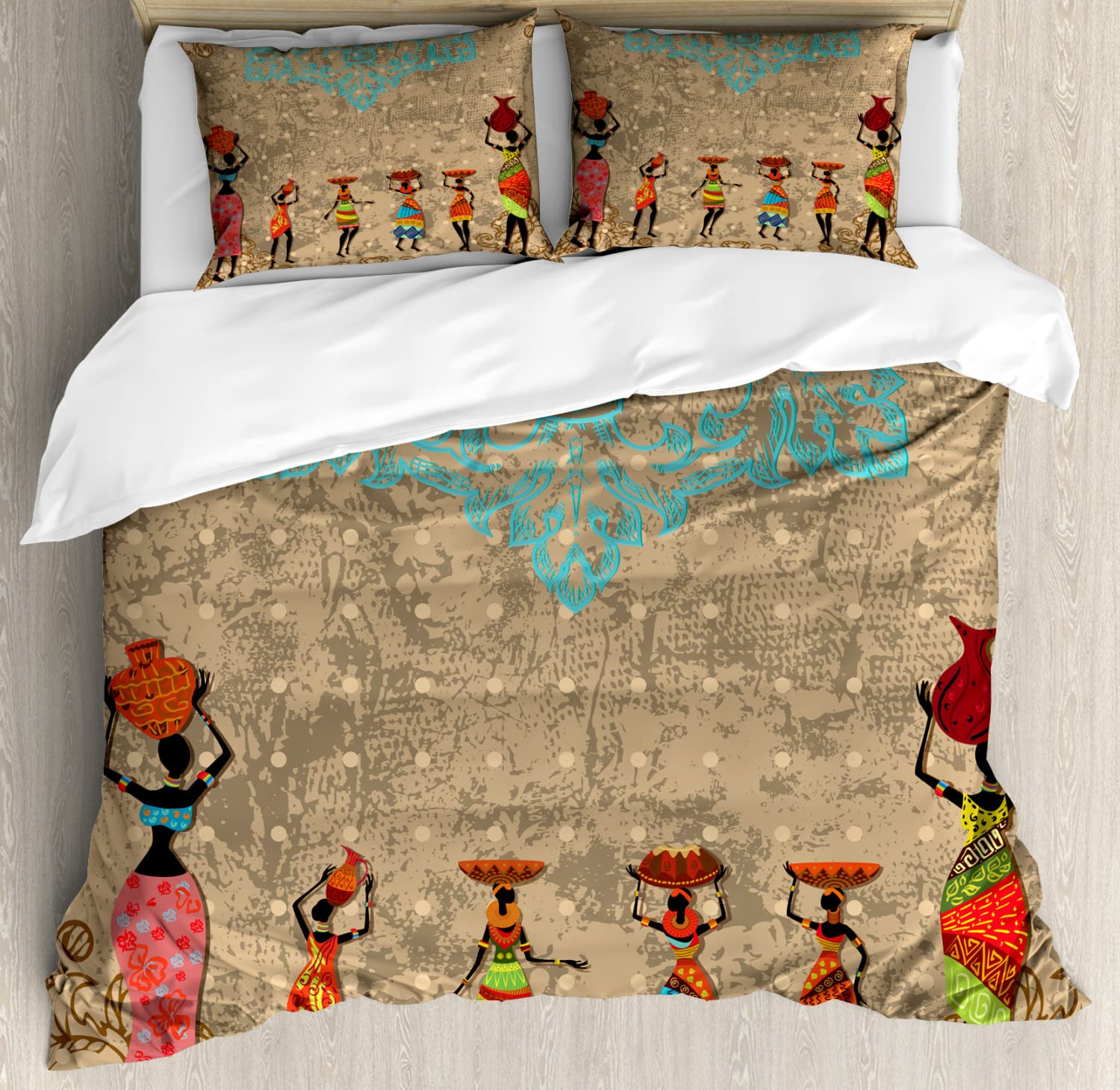Ambesonne African Duvet Cover Set - Vintage Boho Folk Art with Girls Carrying Pots, 2-Piece King Size Bedding Set with 4 Pillowcases in Seafoam Cocoa | Perfect for Bohemian Bedroom Decor, Guest Room Makeover & Cultural Home Accents