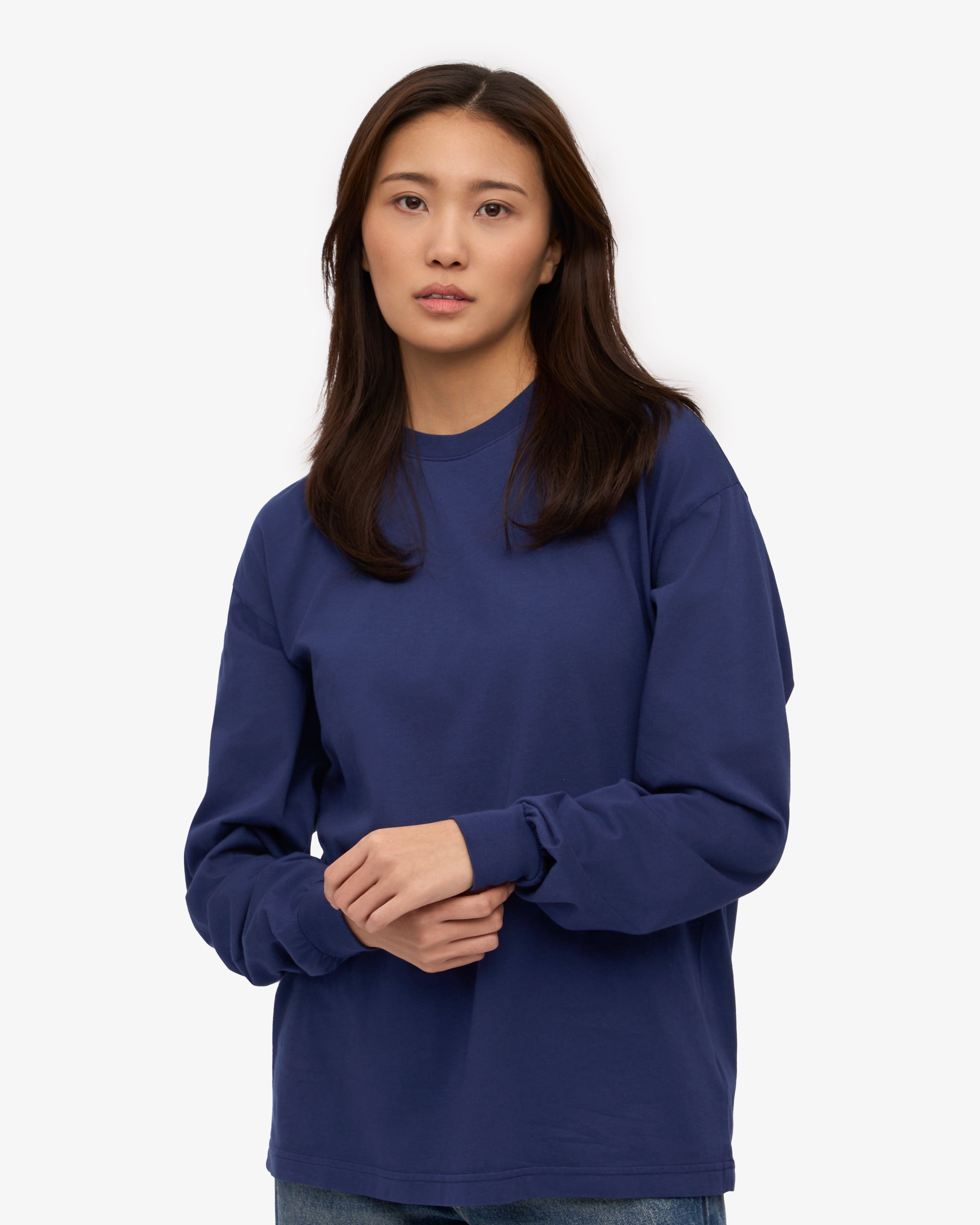 Organic Oversized Long Sleeve T-Shirt for Women - Soft Cotton Crewneck Top in Marine Blue - Casual Loungewear & Layering Essential