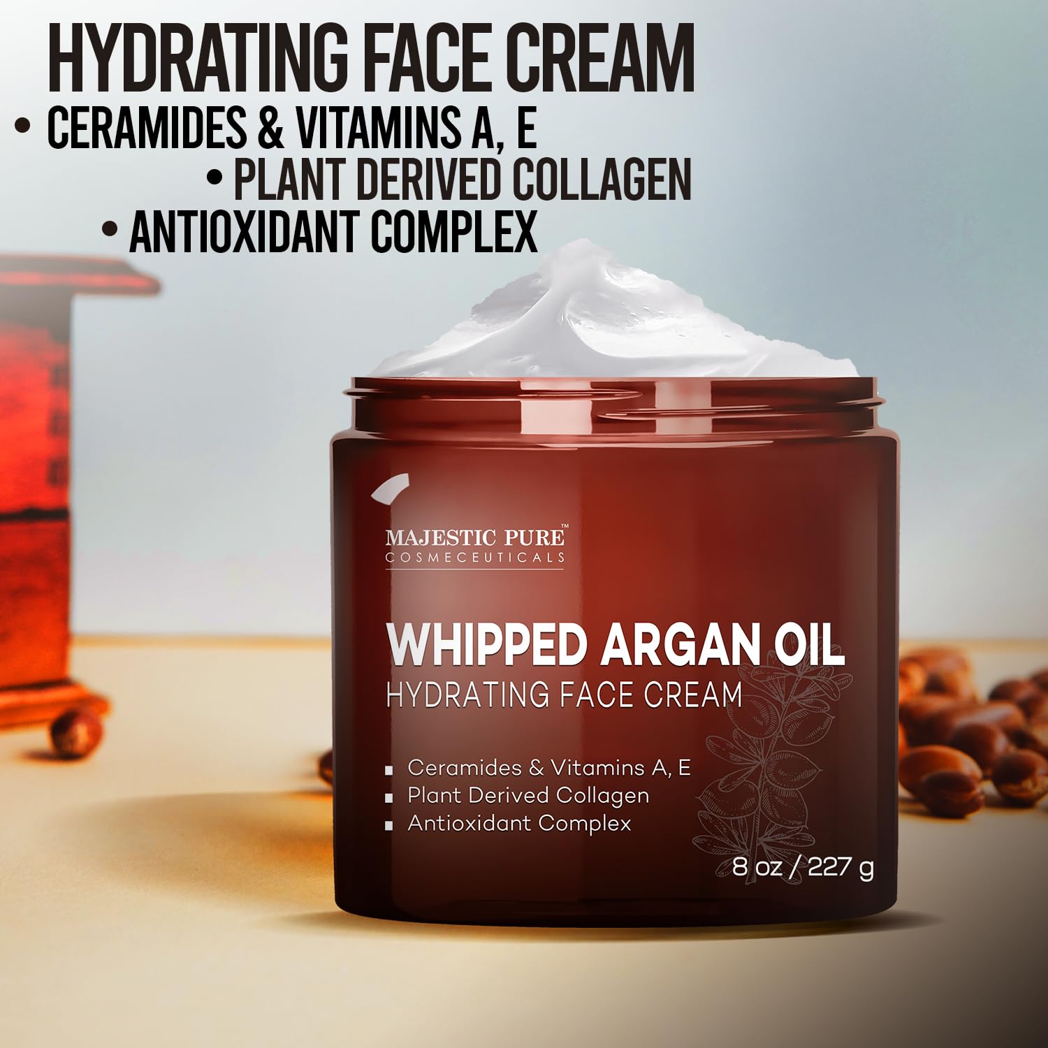 Majestic Pure Whipped Argan Oil Face Moisturizer with Vitamin E, Collagen & Ceramides - Hydrating Cream for Dry & Oily Skin, Anti-Aging Treatment Reduces Fine Lines - 8oz - Perfect for Daily Skincare Routine & Nighttime Hydration