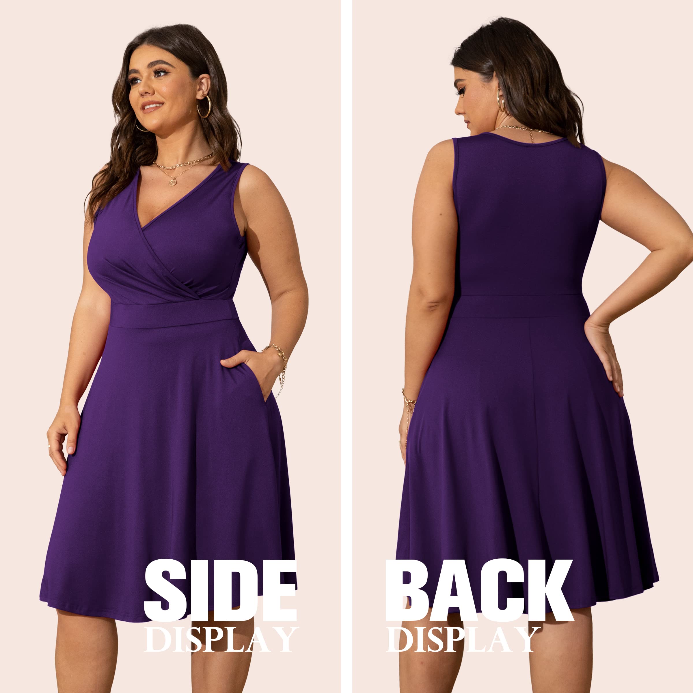 POSESHE Women's Plus Size Sleeveless Wrap V-Neck Sundress - Casual Summer Cocktail Dress with Pockets for Wedding Guest, Beach Vacation & Outdoor Parties