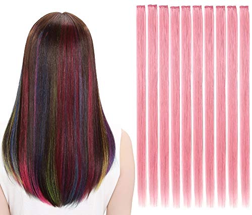 10Pcs Multi-Colors Straight Clip-in Hair Extensions 20 Inch - Colored Party Hair Pieces for Women (Lovely Pink) | Perfect for Cosplay, Halloween Costumes & Night Out Styling