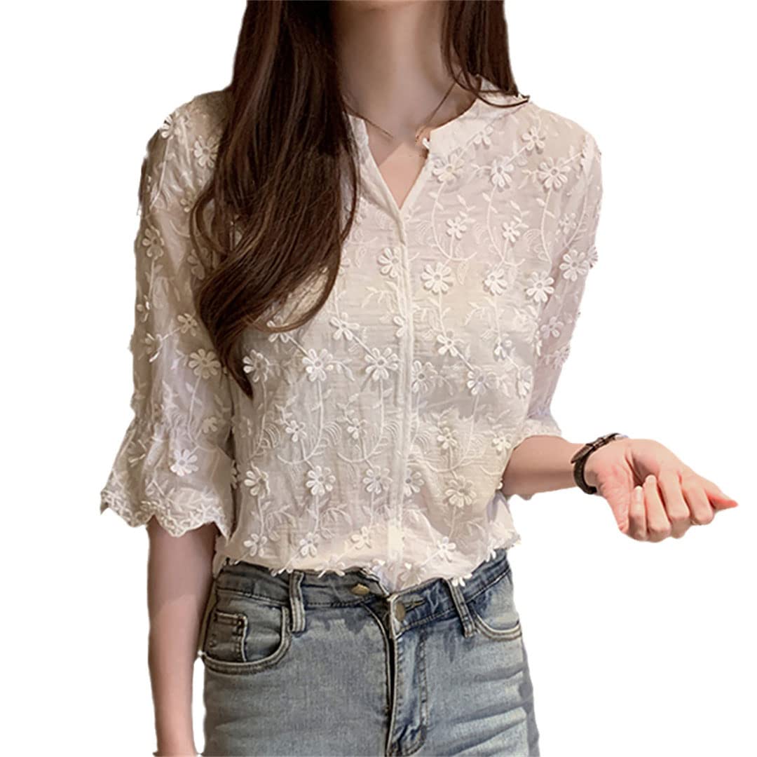 Women's Crochet V-Neck 3/4 Sleeve Boho Blouse with 3D Floral Embroidery - Loose Casual Tunic Top in White - Perfect for Beach Outings, Summer Vacations & Boho Chic Style