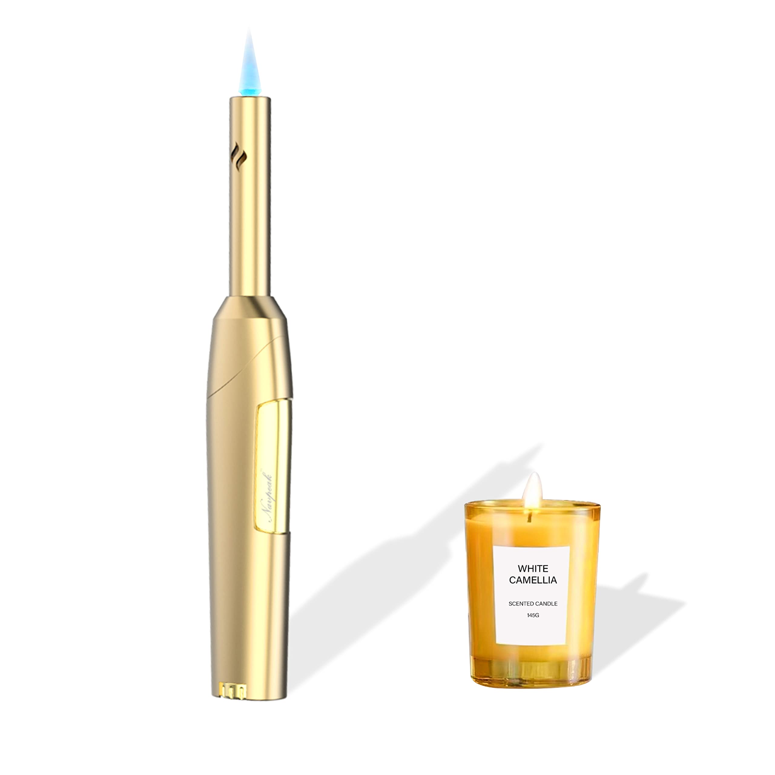 Navpeak Windproof Butane Torch Lighter with Visible Fuel Window - Straight Flame Candle Lighter for Kitchen, BBQ, Outdoor Cooking & Fireplace Use (Gold) (Butane Not Included)