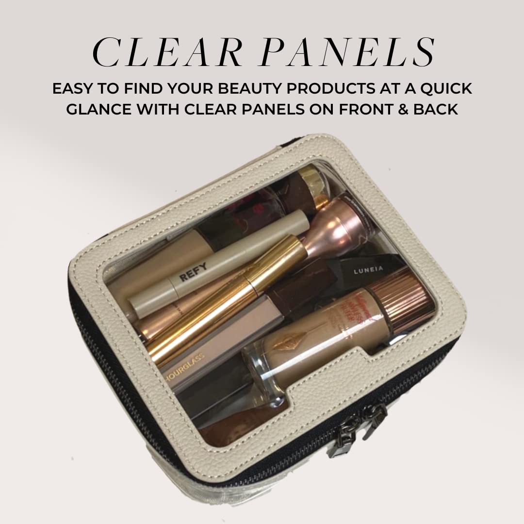 Vegan Leather Cream Toiletry Bag - Waterproof Clear PVC Zippered Cosmetic Makeup Wash Bag Organizer for Travel, Bathroom, Gym, and Daily Use - Perfect for Men and Women