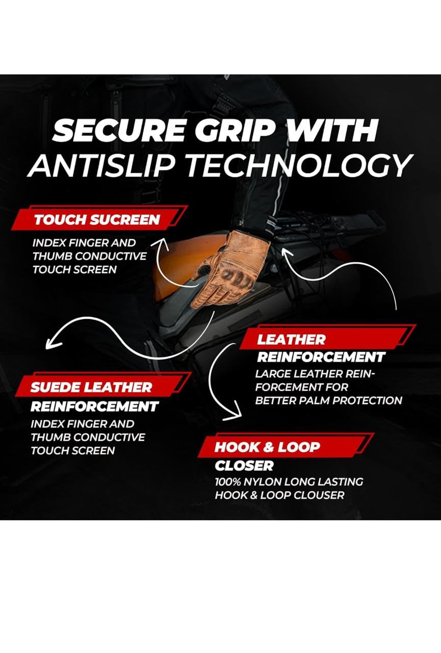 Leather Motorcycle Gloves for Men & Women - Touchscreen, All-Weather, Non-Slip for Riding Safety