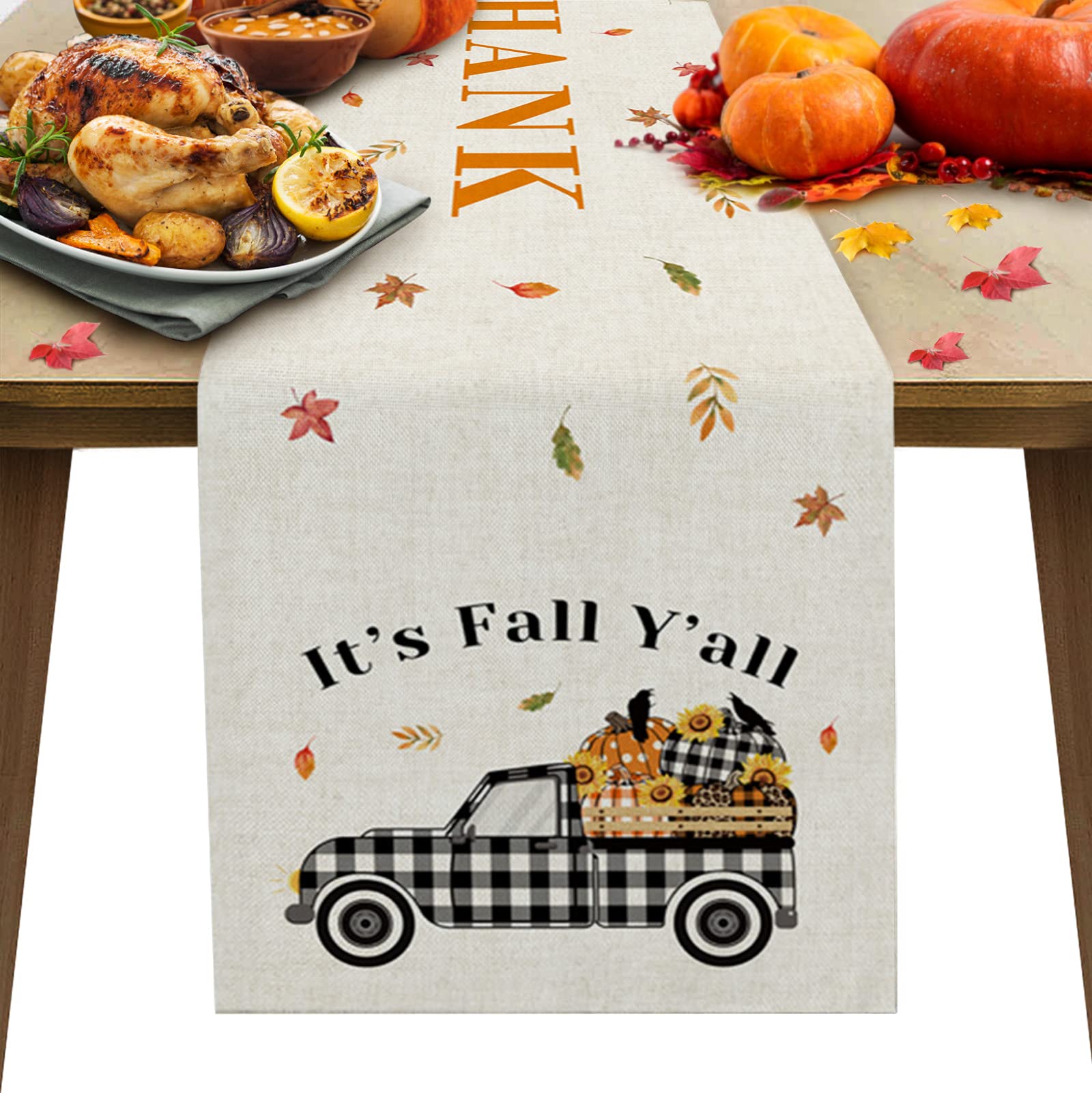 72 Inch Washable Pumpkin Truck Thanksgiving Table Runner - Fall Decor for Round, Kitchen, Coffee & Dining Tables - Perfect for Autumn, Halloween & Holiday Gatherings