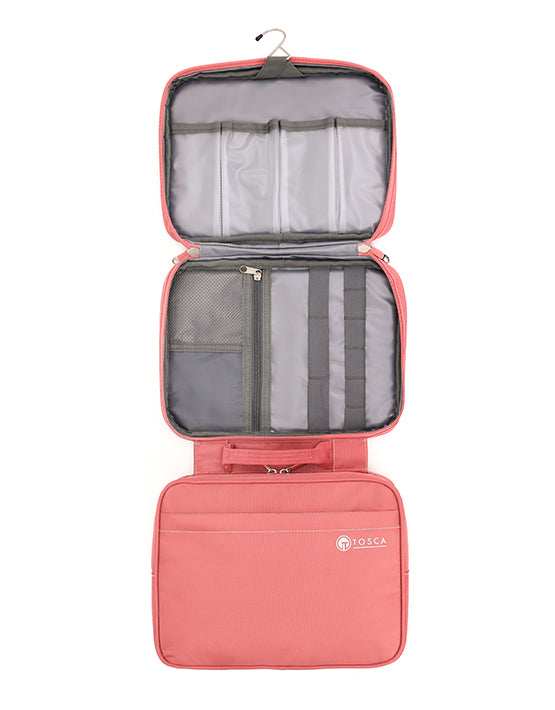 Tosca TCA583 13-Inch Travel Organizer Toiletry Bag for Women - Waterproof Cosmetic Makeup Bag with Hanging Hook, Peach Blossom Pink - Perfect for Vacation, Gym, Business Trips & Daily Essentials Storage