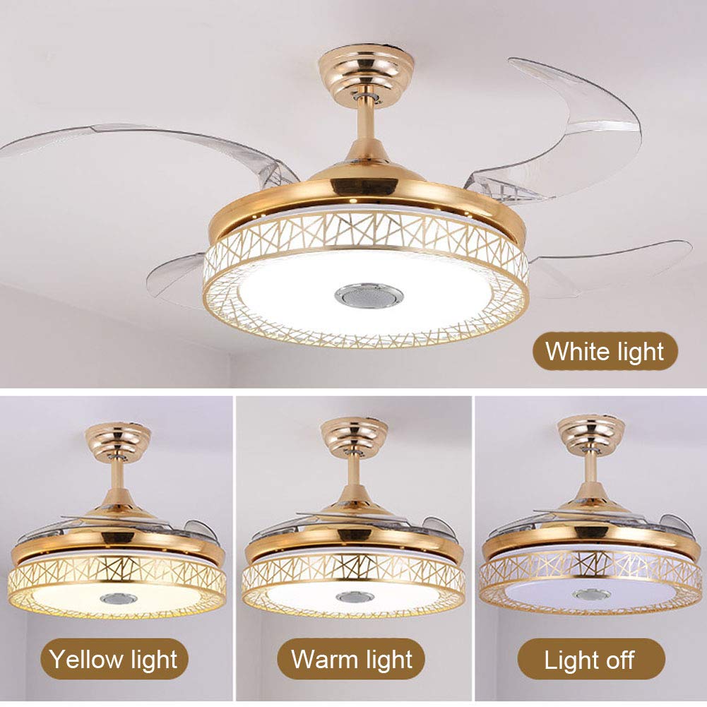 42 Inch Retractable Ceiling Fan with Light & Remote Control - Modern Bluetooth Music Invisible Chandelier Fan, 3 Speed Settings & 3 Light Levels - Perfect for Bedroom, Living Room & Dining Room - Energy Efficient Cooling & Ambient Lighting Solution