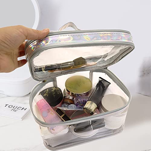 Double Layer Transparent Makeup Bag - Waterproof Clear Travel Toiletry Organizer for Cosmetics & Toiletries - Large Capacity Cosmetic Pouch with Silver Zipper - Perfect for Travel, Gym, and Daily Beauty Storage