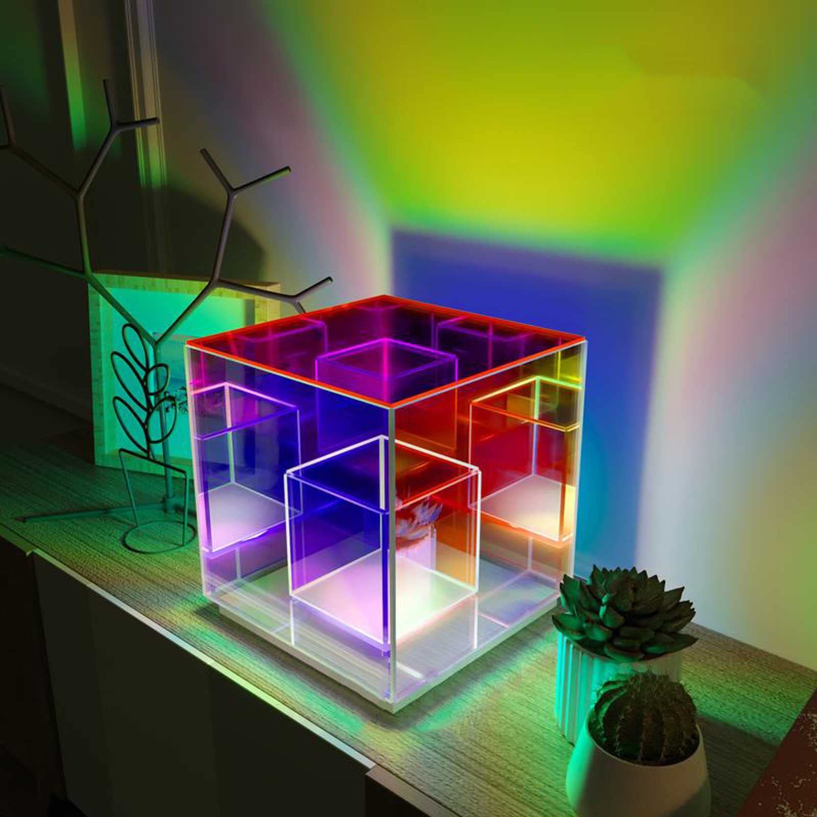 Xiaoki Transparent Acrylic Infinity Mirror Cube Table Lamp - 3D Illusion Night Light for Home Office Desk Decor, Bedroom Corner Lighting, and Unique Gift Idea | Modern Art Decor & Relaxing Ambient Light