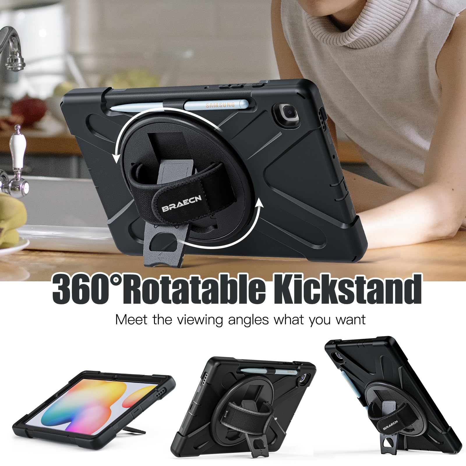 BRAECN Shockproof Rugged Case for Samsung Galaxy Tab S6 Lite 10.4 Inch (2024/2022/2020 Models SM-P620/P610/P619) - Protective Kids Tablet Cover with Pencil Holder, Rotating Stand & Hand Strap - Black | Perfect for School, Travel & Outdoor Use