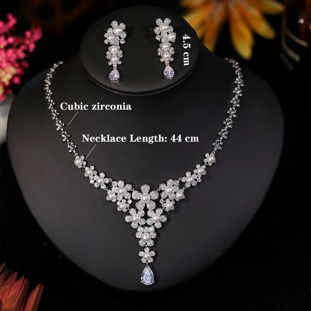Bridal Pearl Jewelry Set with Zirconia Flower Necklace and Earrings - Elegant Wedding Accessories for Bride, Bridesmaid & Formal Occasions