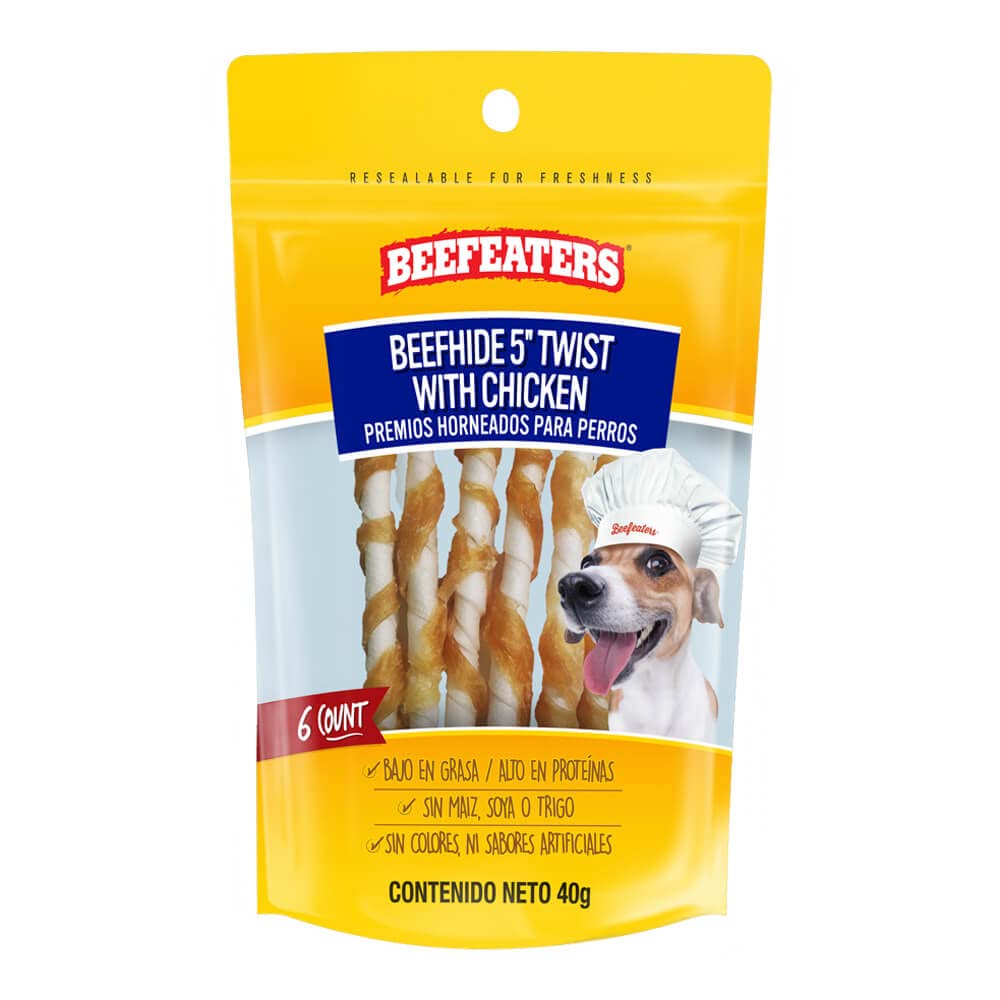 Beefeaters Dog Treats - Beefhide 5in Twist with Chicken 1.41oz (Case of 12) | High Protein, Low Fat Dog Chews Enriched with Vitamins & Minerals | Dental Care & Teeth Cleaning Treats | Perfect for Training Small, Medium & Large Dogs | Great for Reward, Travel & Playtime