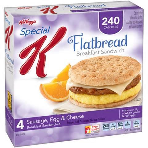Kellogg's Frozen Breakfast Sandwich - Sausage, Egg & Cheese Flatbread (13.8 oz, Pack of 2) | Quick & Easy Morning Meal for Busy Families & Office Workers