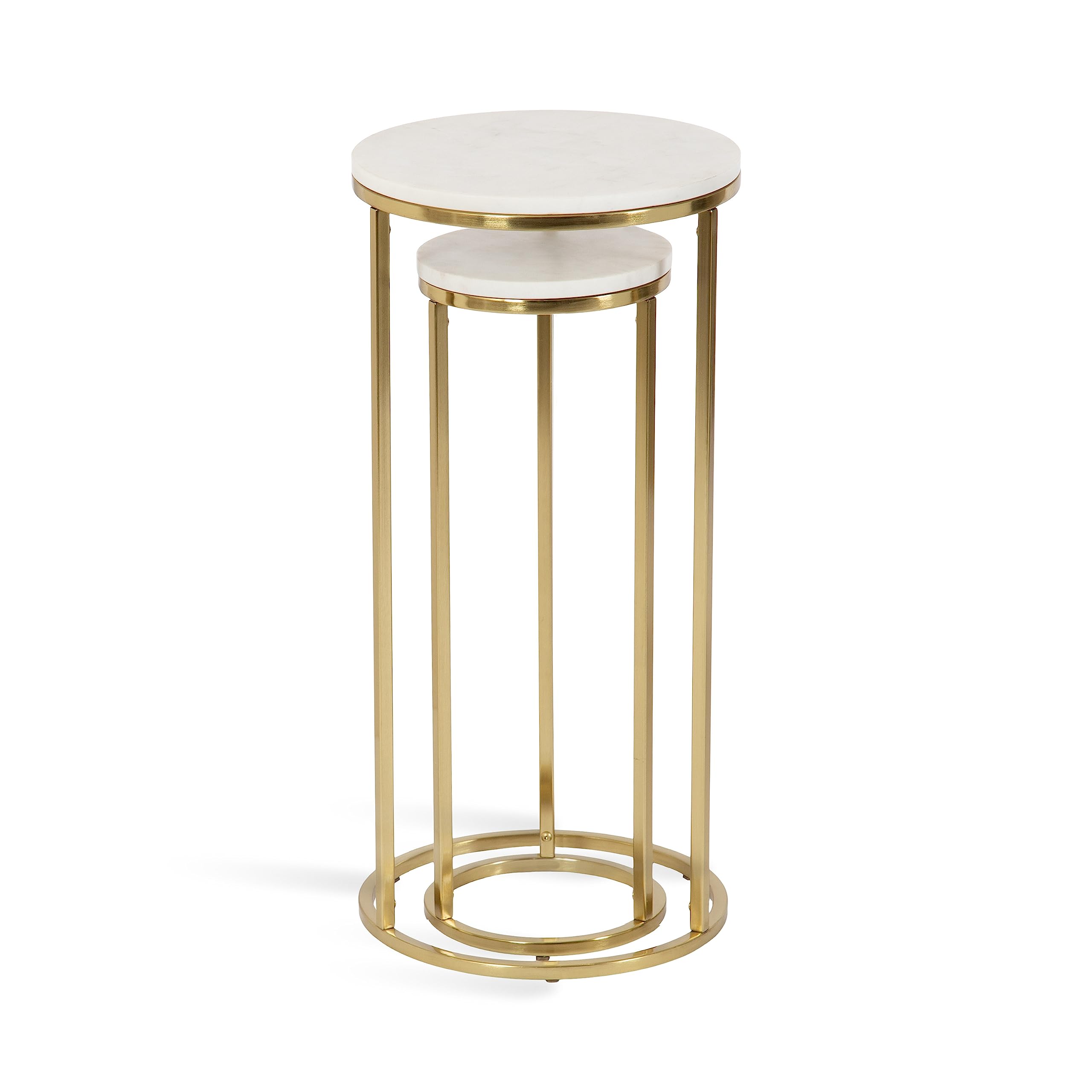 Kate & Laurel Udorie Modern Nesting Table Set - 2-Piece White & Gold Side Tables with Marble Tops (12x25 Inches) | Space-Saving Accent Tables for Living Room, Bedroom & Small Apartments