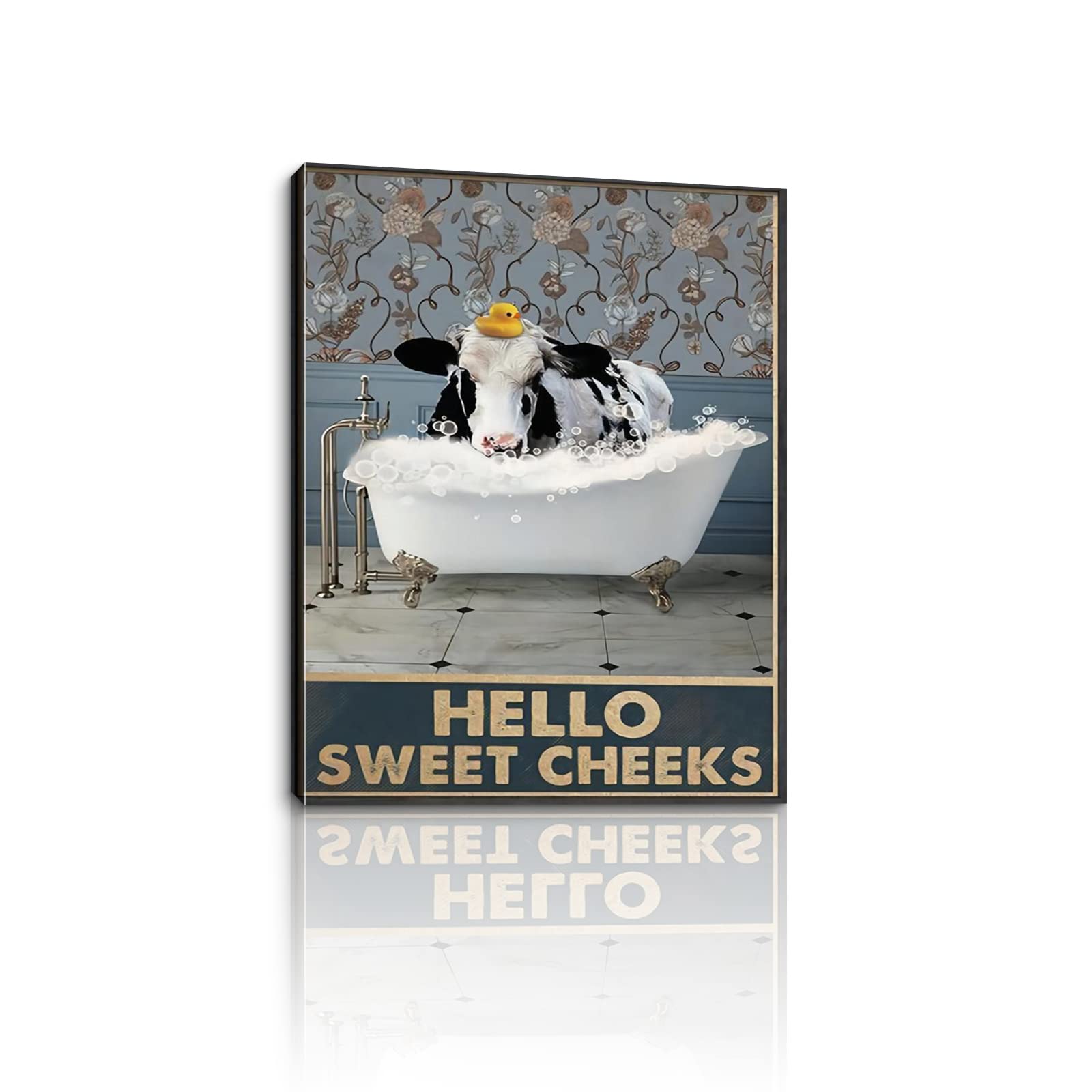 BODRECT Vintage Funny Cows in Bathtub Canvas Wall Art - Framed Bathroom Decor Poster, Ready to Hang for Home & Bathroom Wall Decoration | Perfect for Farmhouse, Kids' Bathroom & Humorous Home Decor