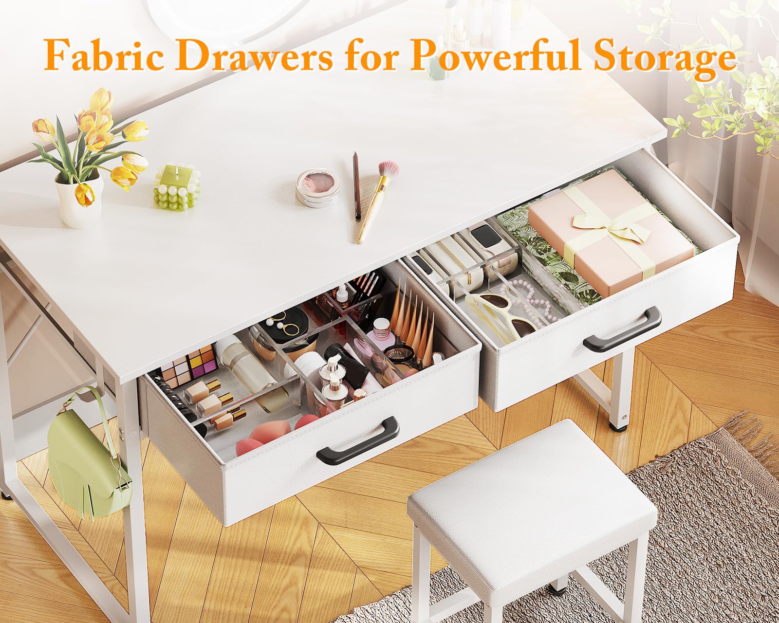 AODK 32 Inch Small Vanity Desk with Stool - No Mirror Makeup Table with 2 Fabric Drawers & Steel Hook, White Vanity Table for Girls Bedroom | Perfect for Makeup Organization, Small Space Dressing Area & Bedroom Decor