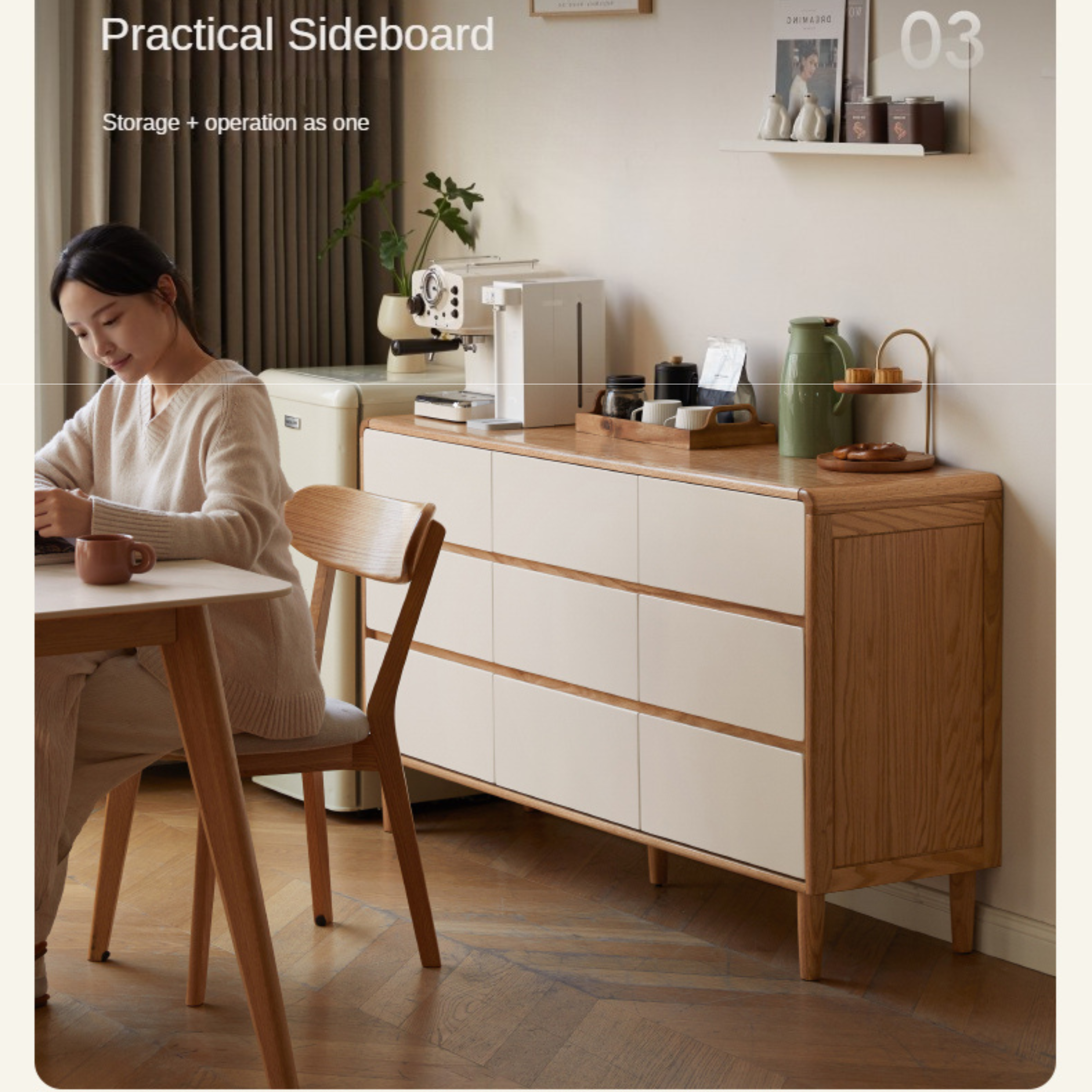 Oak Solid Wood Modern Nine Drawer Cabinet - Stylish Storage Solution for Bedroom, Living Room & Office Organization