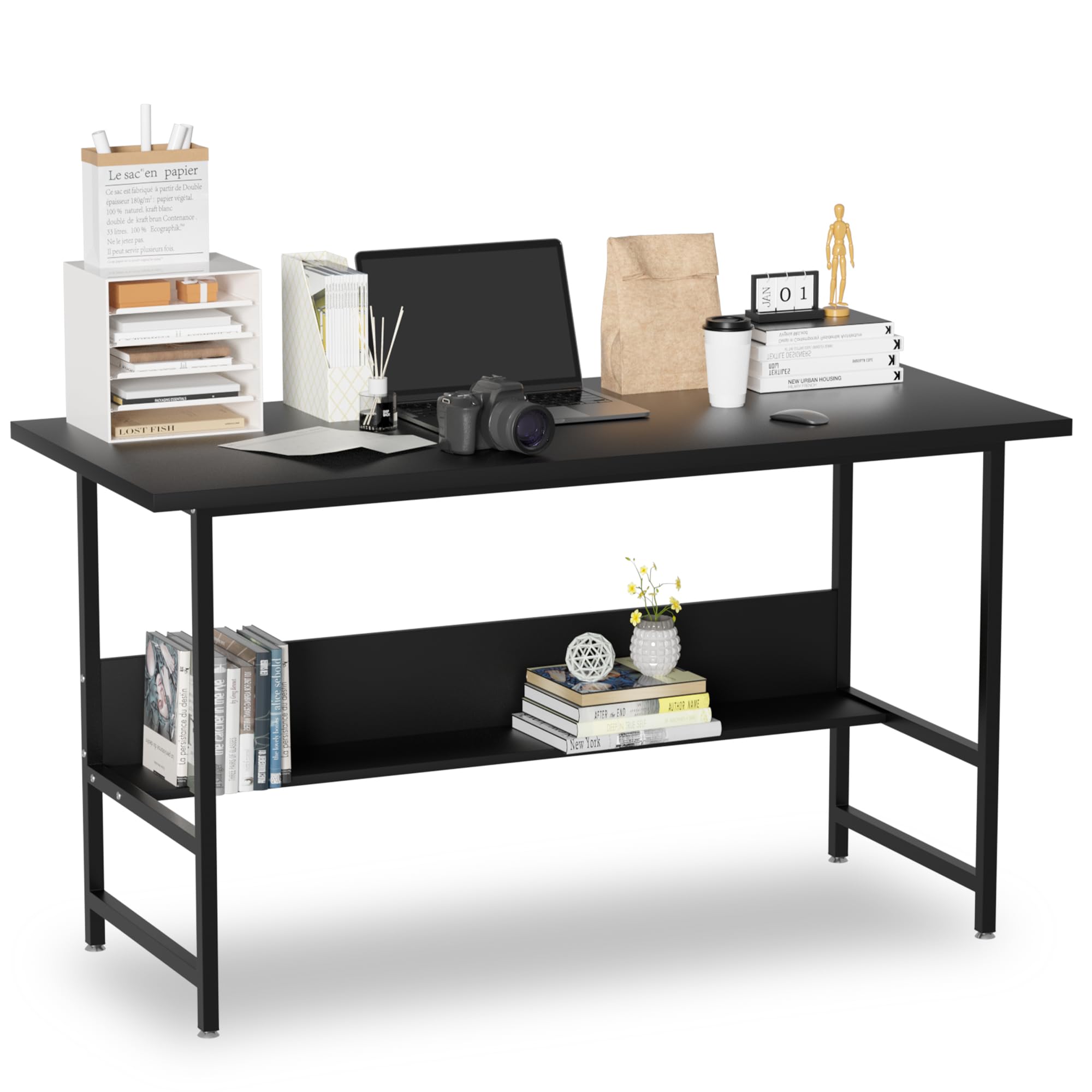 Black U-Shaped Steel Leg Office Desk with Bookshelf - Simple & Modern Computer Desk for Home Office, Study, Living Room & Bedroom - Perfect for Working, Reading & Writing