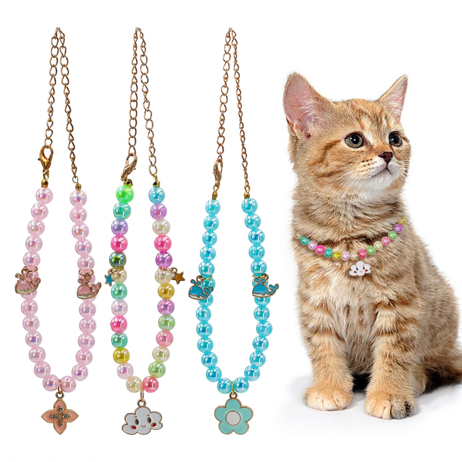 3PCS Handmade Beaded Pet Necklace - Adjustable Dog & Cat Collar with Colorful Beads for Daily Wear & Special Occasions