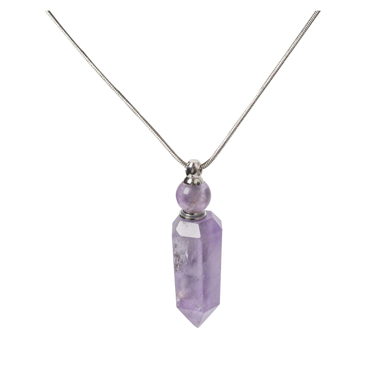 AMOYSTONE 1P Natural Amethyst Necklace - Long Chain Healing Crystal Pendant with Aromatherapy Oil Diffuser, Bullet Shape Women's Jewelry Gift for Meditation, Yoga & Spiritual Healing