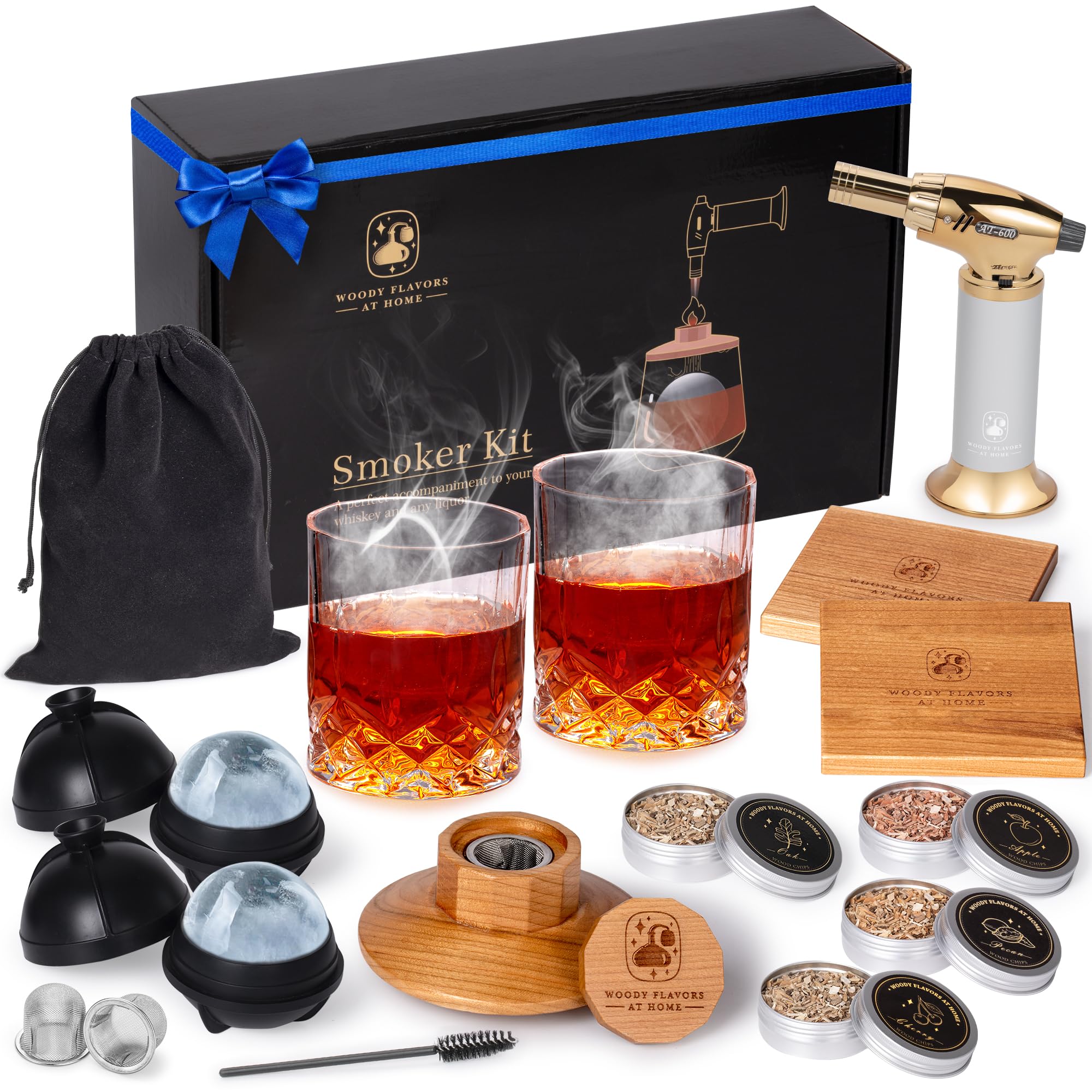 Premium Old Fashioned Cocktail Smoker Kit - Whiskey & Bourbon Smoking Set with Cherry Wood Chips, Culinary Torch, Ice Spheres, 2 Coasters & 2 Glasses - Perfect for Home Bars, Cocktail Parties & Gift Giving