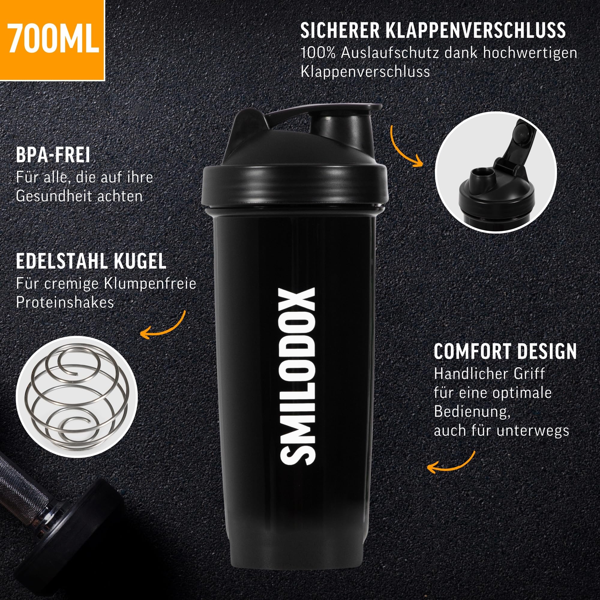 Premium SMILODOX 700ml BPA-Free Protein Shaker Bottle with Stainless Steel Ball - No Clumps, Smooth Mixing for Protein Powder & Supplements - Ideal for Gym, Workouts & Post-Exercise Recovery