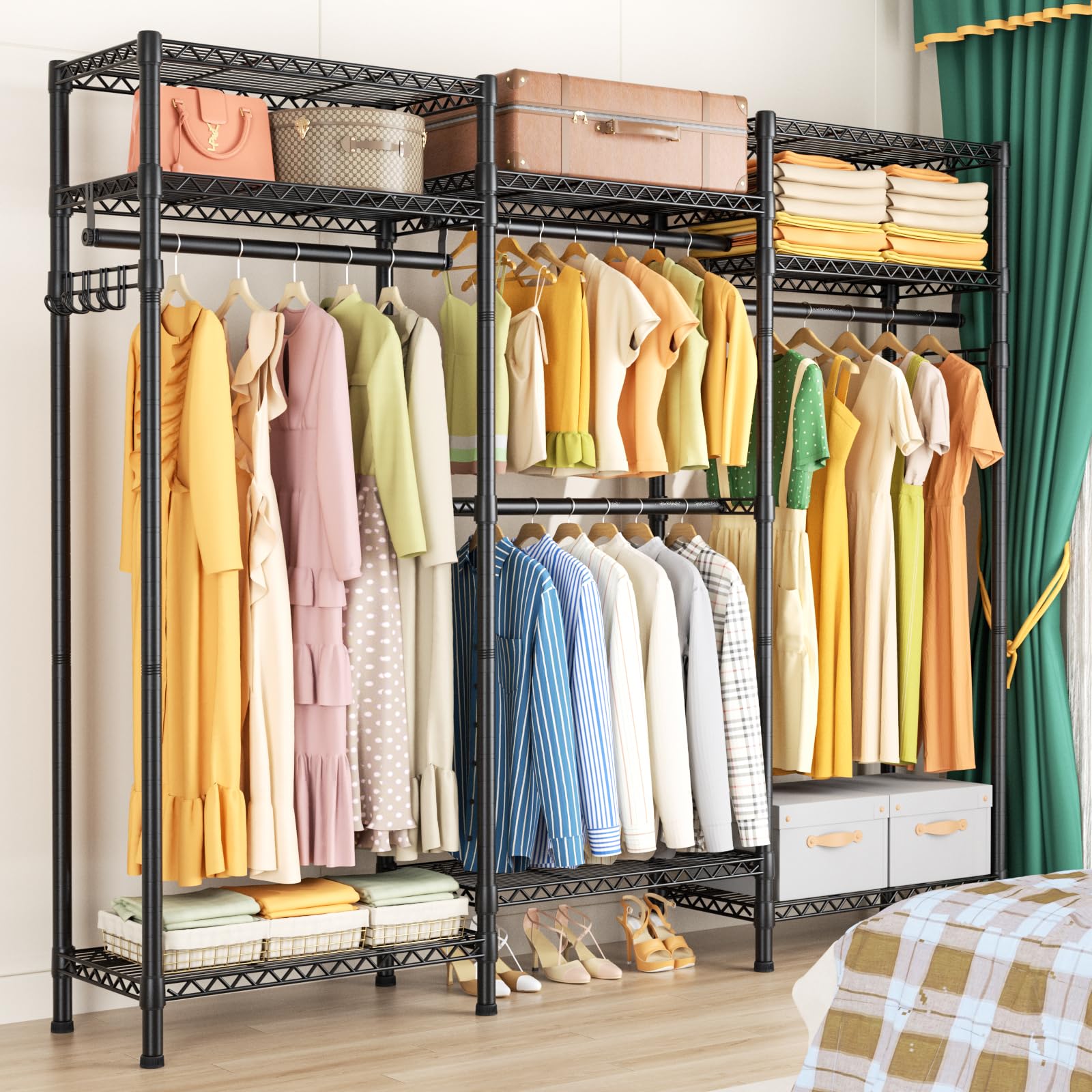 Heavy Duty Garment Rack - Large Freestanding Clothes Rack with 8 Adjustable Wire Shelves & 4 Hanging Rods, 800lbs Capacity Metal Wardrobe Organizer for Closet Storage | Perfect for Bedroom, Laundry Room, Walk-in Closet and Clothing Boutique