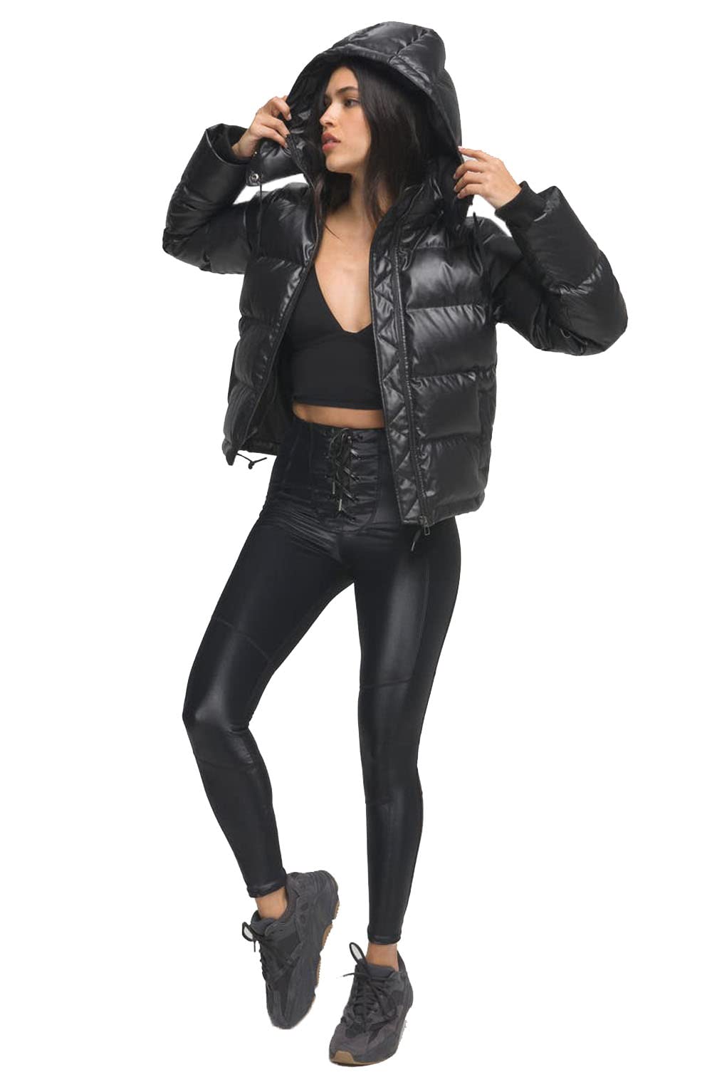 Good American Women's Faux Leather Puffer Jacket - Black | Winter Warm Quilted Coat | Stylish Outerwear for Casual Outings & Cold Weather