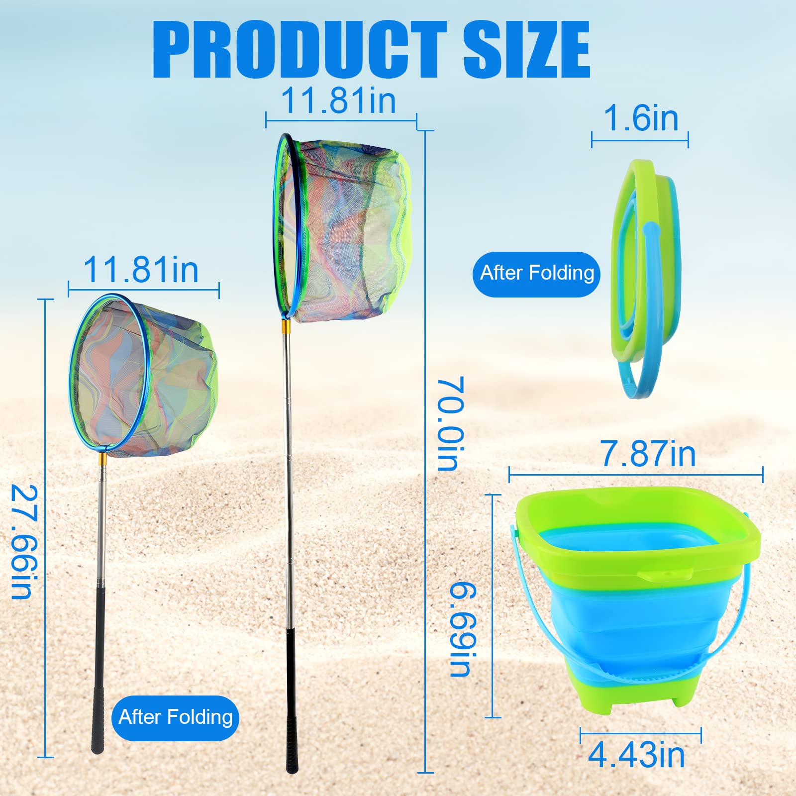 7-Inch Floating Telescopic Folding Fishing Net with Pliers & Lip Gripper - Foldable Sand Bucket Included | Portable Fishing Gear for Kids & Adults | Perfect for Beach, Lake & River Fishing