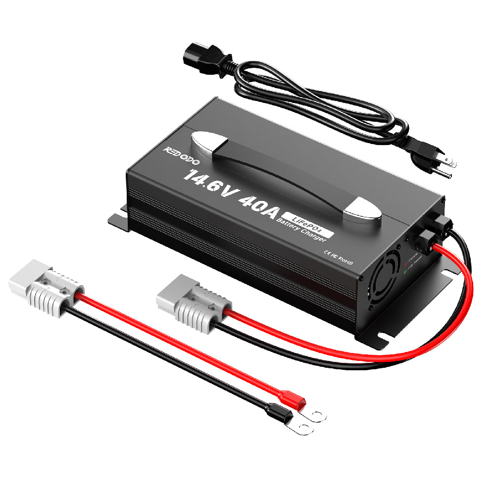 Redodo 14.6V 40A Lithium Iron Phosphate (LiFePO4) Battery Charger with Upgraded Handle - Fast Charging for Golf Carts, RVs, Marine & Solar Power Systems