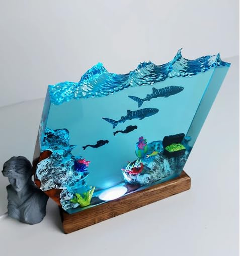 Whale Shark & Diver Resin Wood Night Light - 6x5 Inch Ocean Theme Desk Lamp, Marine Art Decor, Underwater Diorama for Bedroom, Living Room, Office & Gift