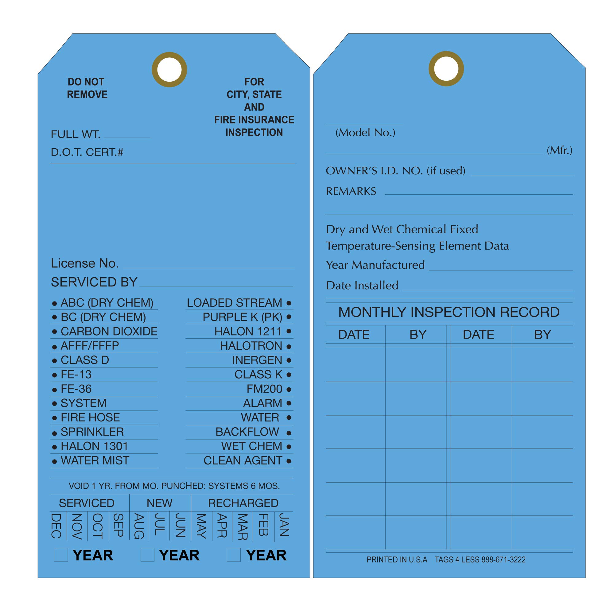 Custom Printed Fire Extinguisher Inspection Tags - 100 Pack Monthly Maintenance Record Cards with Date Check - Durable Cardboard Safety Labels (Dark Blue) for Workplace, Restaurant & Industrial Fire Safety Compliance