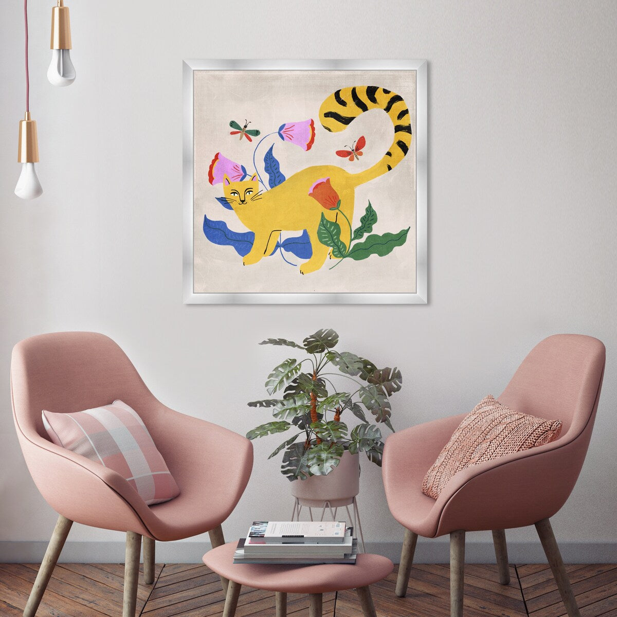 Blonde Tabby Floral Kitten Butterfly Garden Modern Yellow Framed Wall Art Print - Cute Cat Painting for Bedroom, Living Room & Nursery Decor