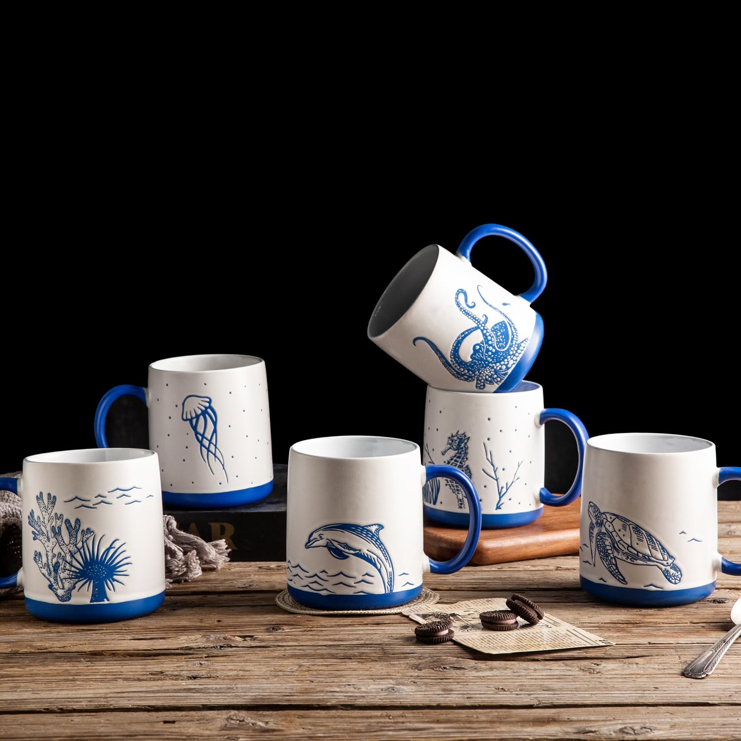 AmorArc 18oz Large Ceramic Coffee Mugs Set of 6 - Sea Life Textured Tea Latte Cups - Microwave & Dishwasher Safe - Matte White - Perfect for Home, Office, Cafe & Gifts