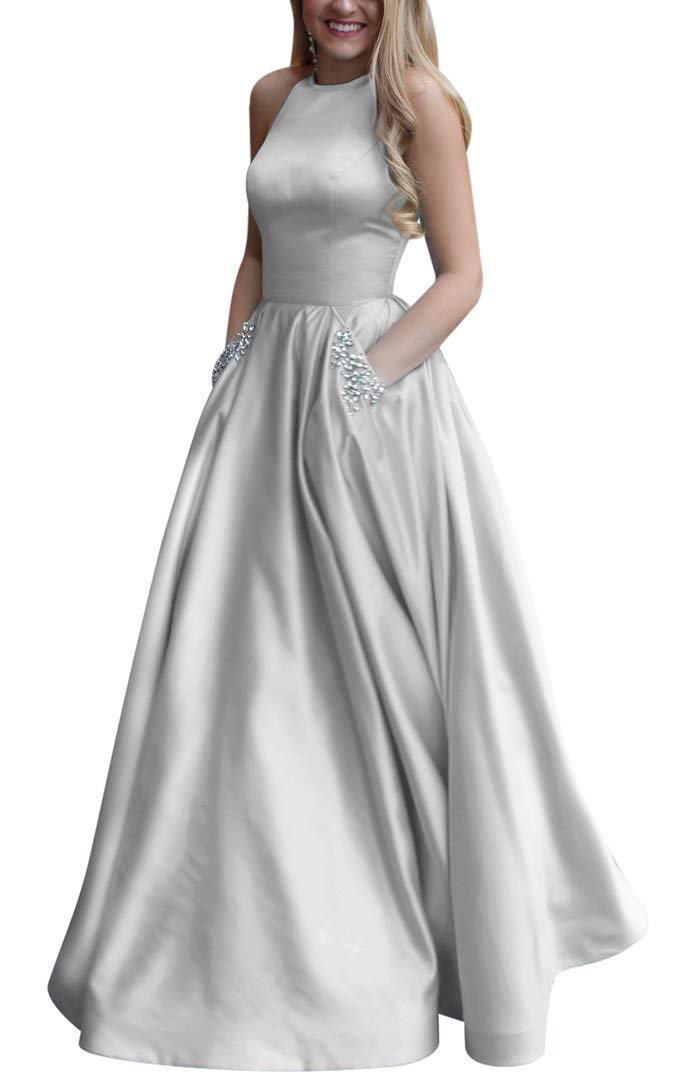 Menoqo Women's Halter Neck Satin Prom Dress Long A-Line Formal Evening Gown with Pockets - Perfect for Homecoming, Wedding Guest & Special Occasions