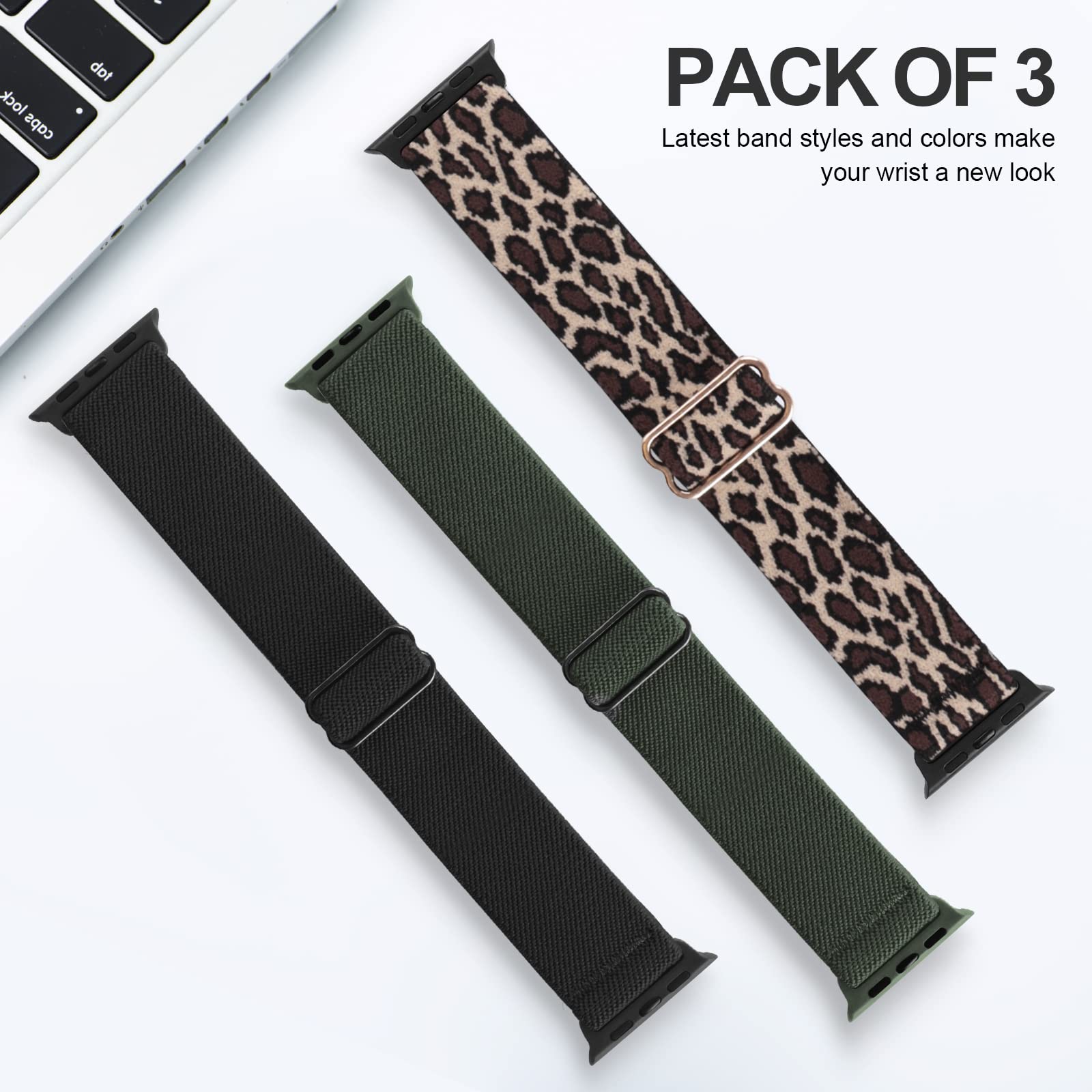 Stretchy Nylon Solo Loop Band Compatible with Apple Watch 42mm/44mm/45mm/46mm/49mm - Braided Sport Strap for iWatch Series 10/9/8/7/6/5/4/3/2/1 SE & Ultra - Women & Men - Leopard, Black, Clover - Perfect for Workouts, Running & Everyday Wear