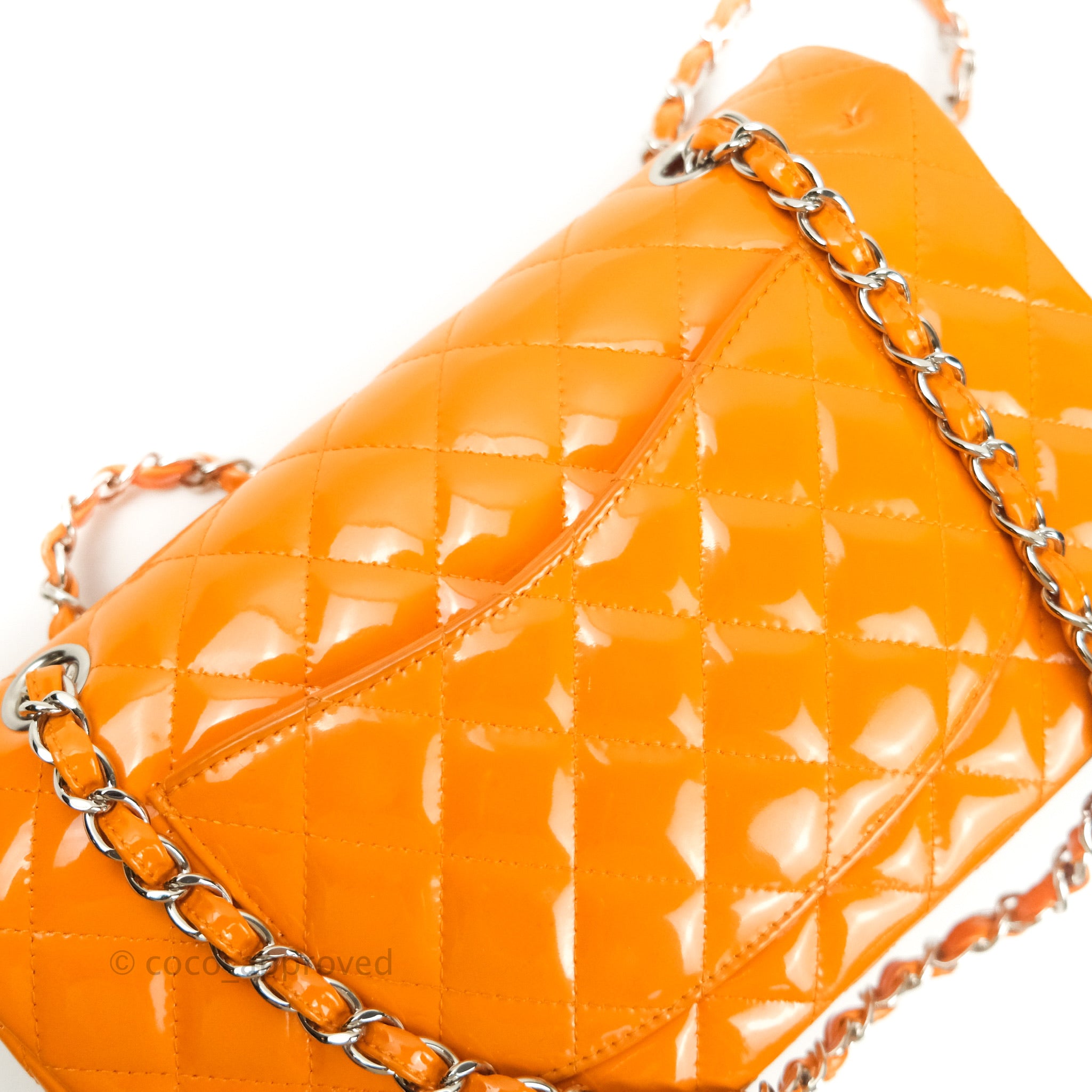 Chanel Classic M/L Medium Double Flap Bag in Orange Patent Leather with Silver Hardware - Perfect for Evening Events & Luxury Fashion Accessories