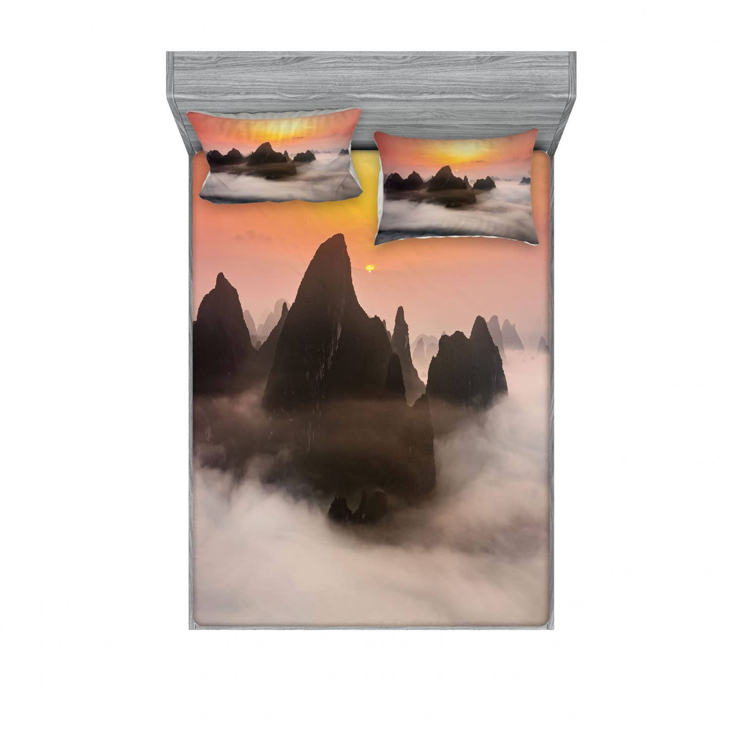 Ambesonne 2-Pack Fitted Sheet & Pillow Sham Set - Mist Clouds Mountain Design, 4-Piece Bedding Decor (2 Twin XL Fitted Sheets & 4 Pillow Covers) in Orange & Brown | Soft & Breathable for Cozy Bedroom Retreat, Dorm Room Essentials, Guest Room Decor