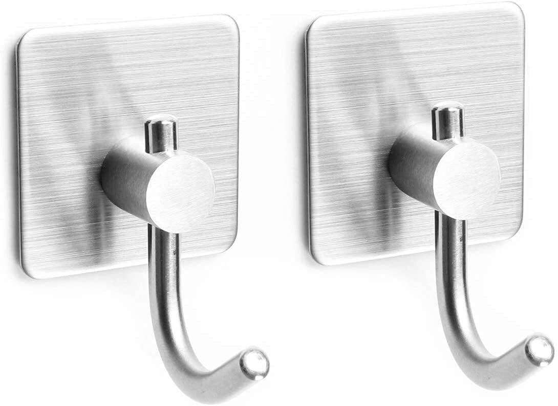 TOGU Heavy Duty Stainless Steel Self Adhesive Hooks - 2 Pack Brushed Finish Wall Hooks for Bathroom, Kitchen, Door - No Nails Waterproof Adhesive Hangers for Robes, Keys, Hats, Towels, Coats - Perfect for Home Organization & Space Saving Storage