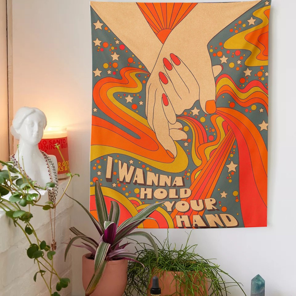 Wanna Hold Your Hand Tapestry - Bohemian Wall Hanging Decor for Bedroom, Living Room & Dorm - Hippie Aesthetic Room Decor for Music Lovers