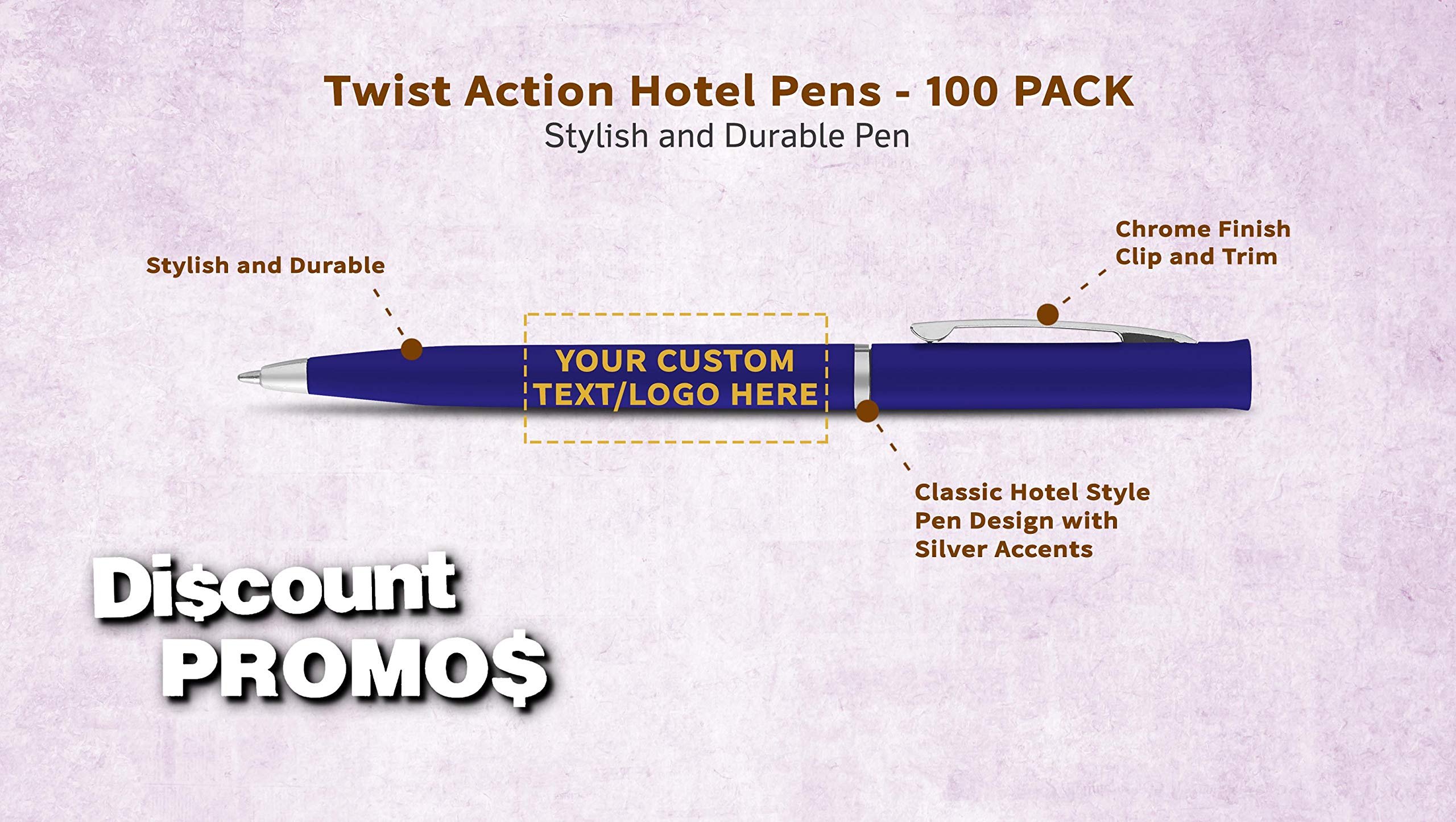 Custom Personalized Alston Twist Action Pens - 100 Pack Bulk Office Supplies with Chrome Clip - Engraved Text/Logo - Blue Plastic Pens for Business Promotions, Corporate Gifts & School Events
