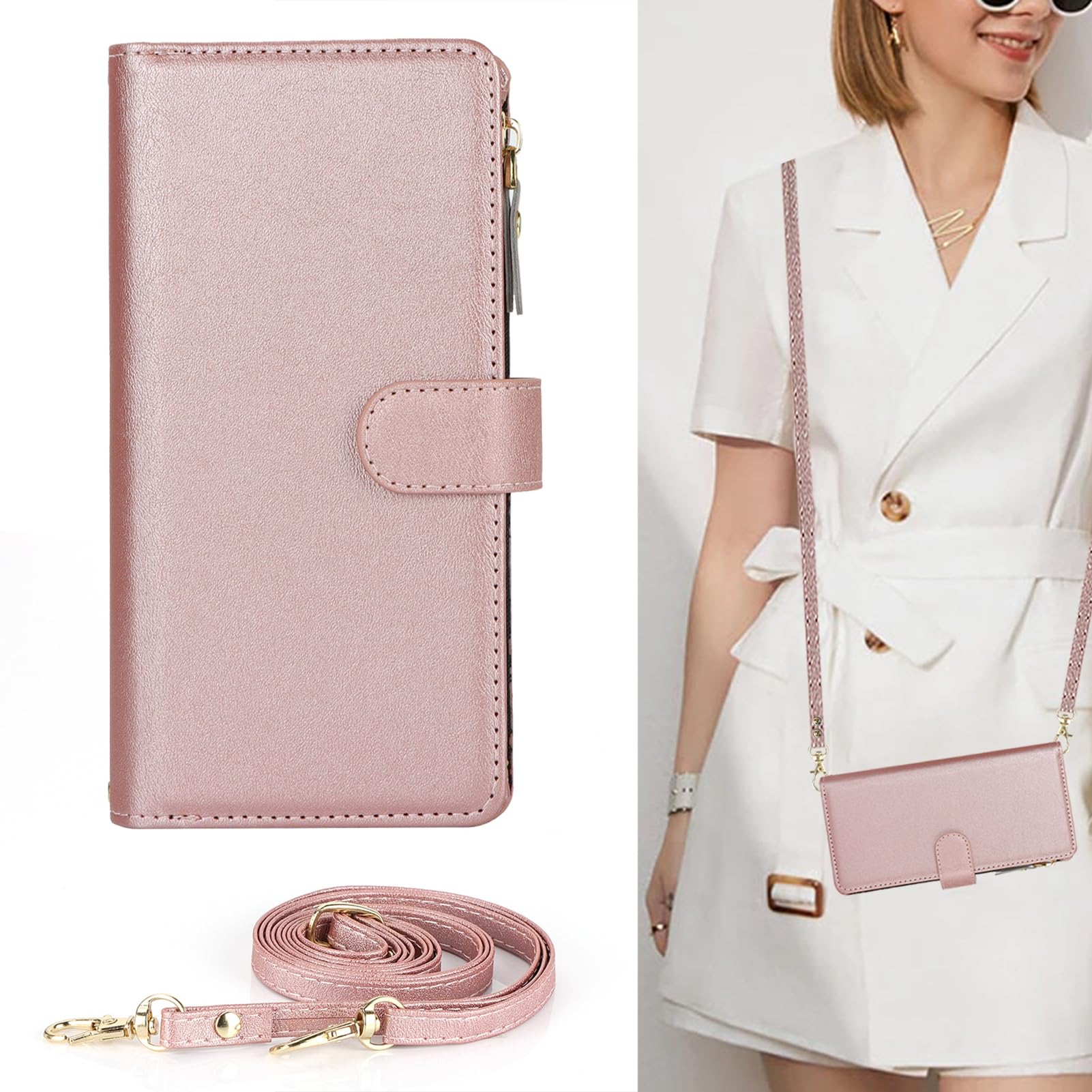 Jaorty Crossbody Phone Case for iPhone 15 with Strap Lanyard - Leather Wallet Case with Card Holder & Zipper Pocket - Magnetic Flip Cover for Women (6.1
