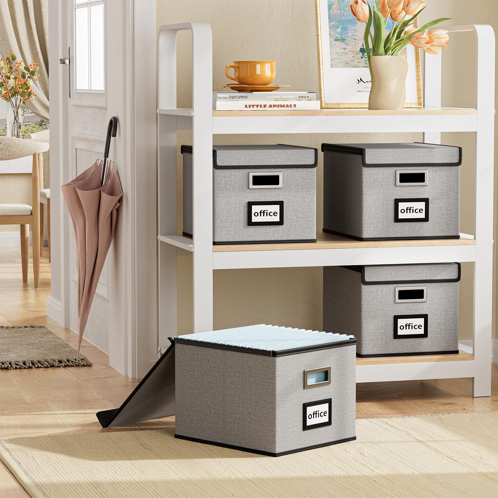 Huolewa Upgraded Collapsible File Storage Organizer Boxes with Lids - Portable Large Linen Hanging Filing Box for Home & Office Organization - Decorative File & Folder Storage System (Grey, 2-Pack) - Perfect for Desk, Closet, and Document Management